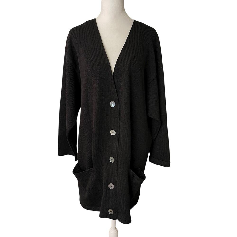 Helen Hsu NY Plus 1x Cardigan Vneck Sweater Button Front Ribbed Black